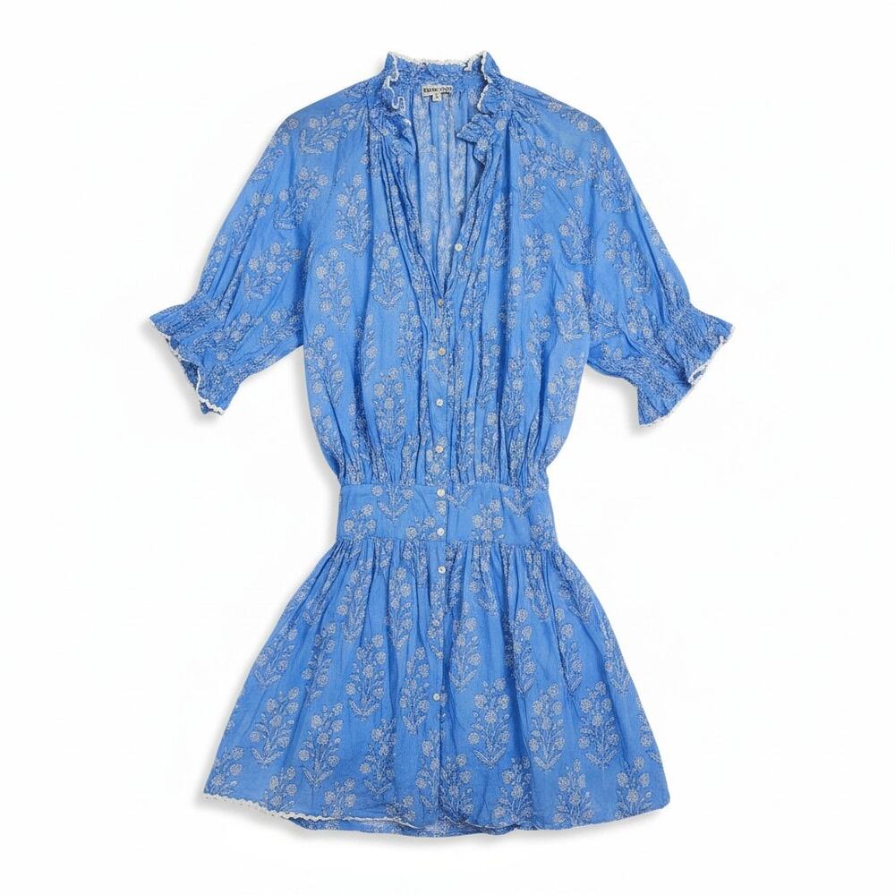Juliet Dunn London 4 Blue Floral Cotton Boho Drop Waist Dress Western Cottage